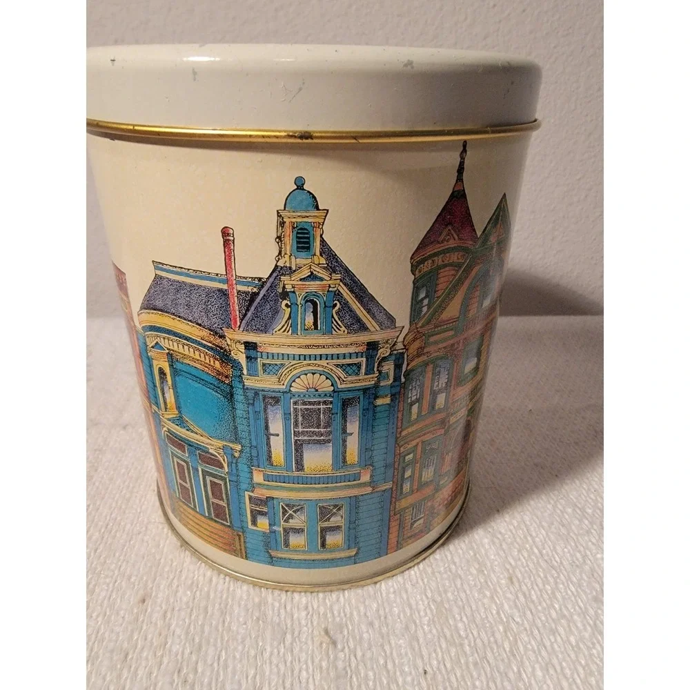 Ballonoff Victorian Homes Metal Tin Cookie Canister Cleveland Ohio Vintage EMPTY